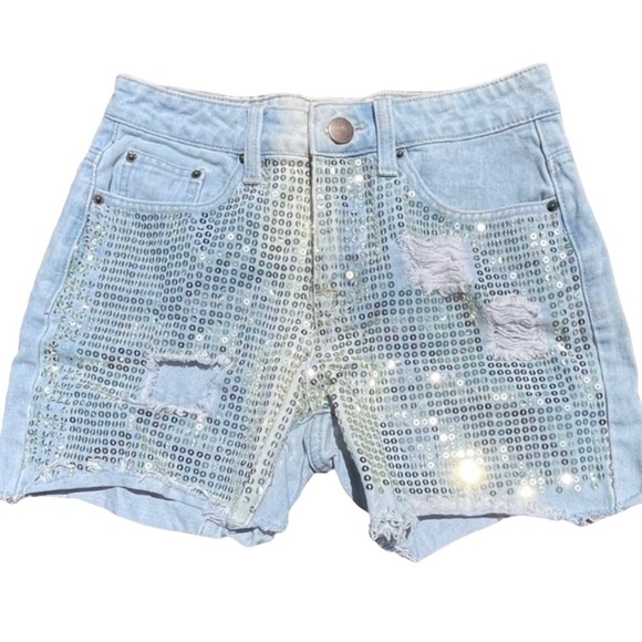 FOREVER 21 Light Wash Denim Distressed Sequins Festival Long Bermuda Jean Shorts - Picture 1 of 8